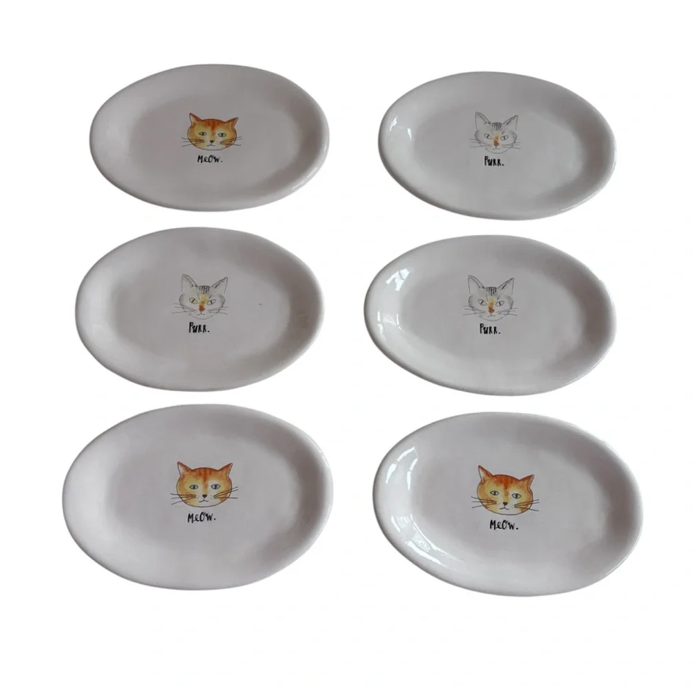 Rae Dunn Artesian Collection Meow Cat Face Oval Plate x 6